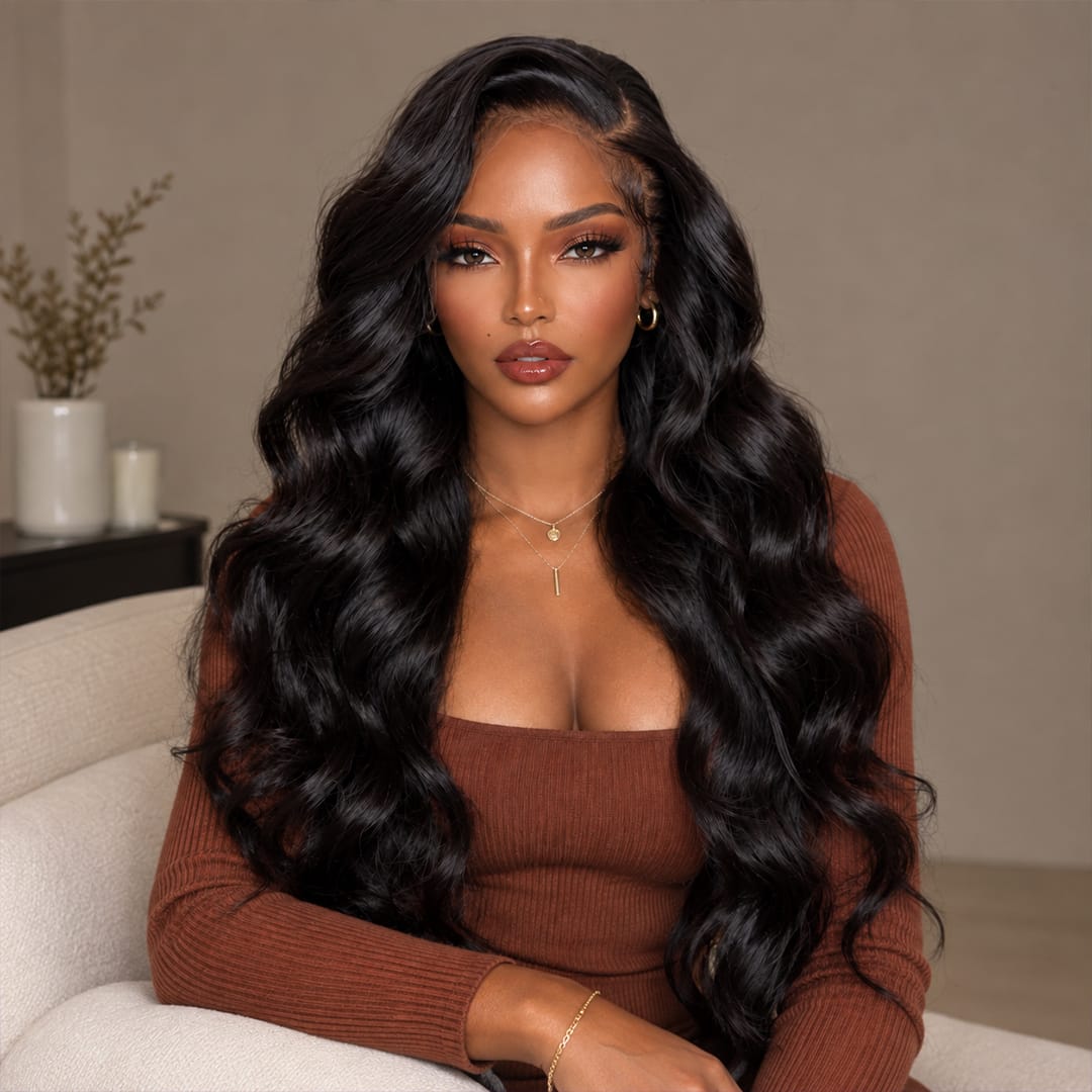 AILUXY Perruque Longue Ondulée Dentelle Frontale 13x6 Cheveux 100% Humains Noirs