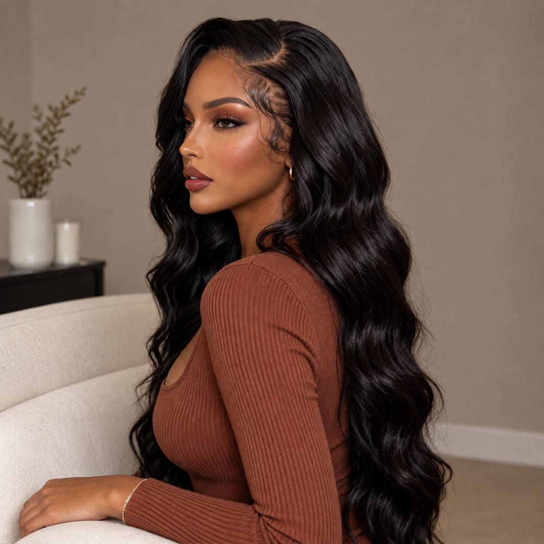 AILUXY Perruque Longue Ondulée Dentelle Frontale 13x6 Cheveux 100% Humains Noirs