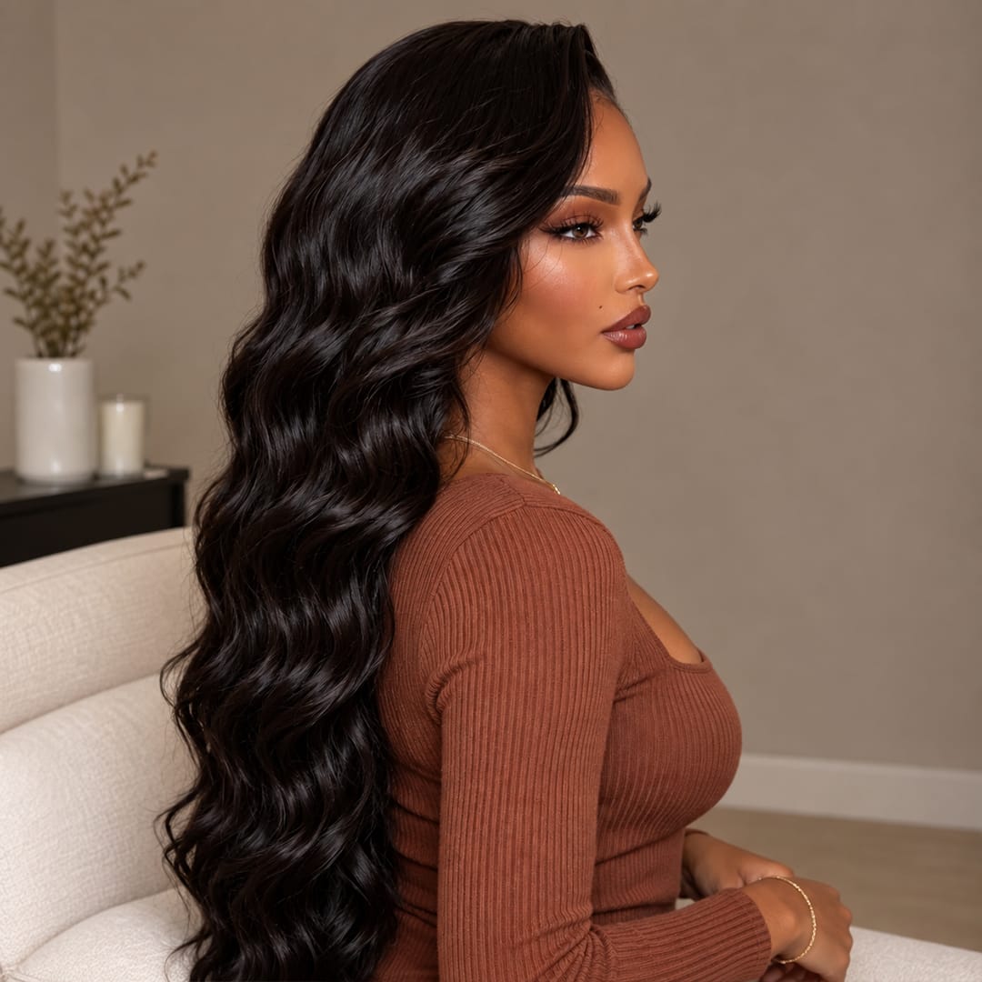 AILUXY Perruque Longue Ondulée Dentelle Frontale 13x6 Cheveux 100% Humains Noirs