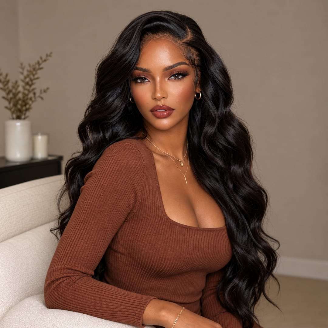 AILUXY Perruque Longue Ondulée Dentelle Frontale 13x6 Cheveux 100% Humains Noirs