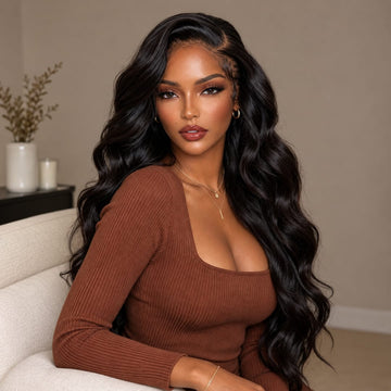 AILUXY Perruque Longue Ondulée Dentelle Frontale 13x6 Cheveux 100% Humains Noirs
