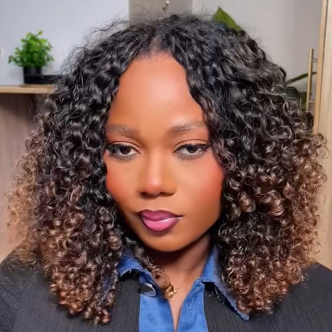 AILUXY Perruque Mi‑Longue Petites Boucles Ombré Châtain, avec Frange, 100% Cheveux Humains