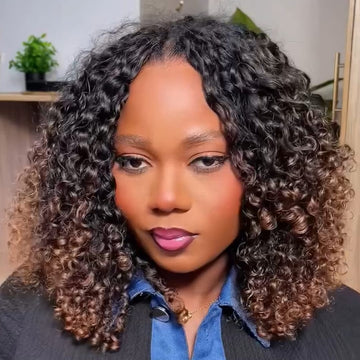 AILUXY Perruque Mi‑Longue Petites Boucles Ombré Châtain, avec Frange, 100% Cheveux Humains