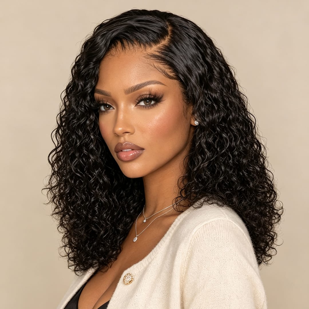 AILUXY Perruque Sans Colle 4x4 Lace Closure Perruque BOB Curly 200% densité 100% Cheveux humains