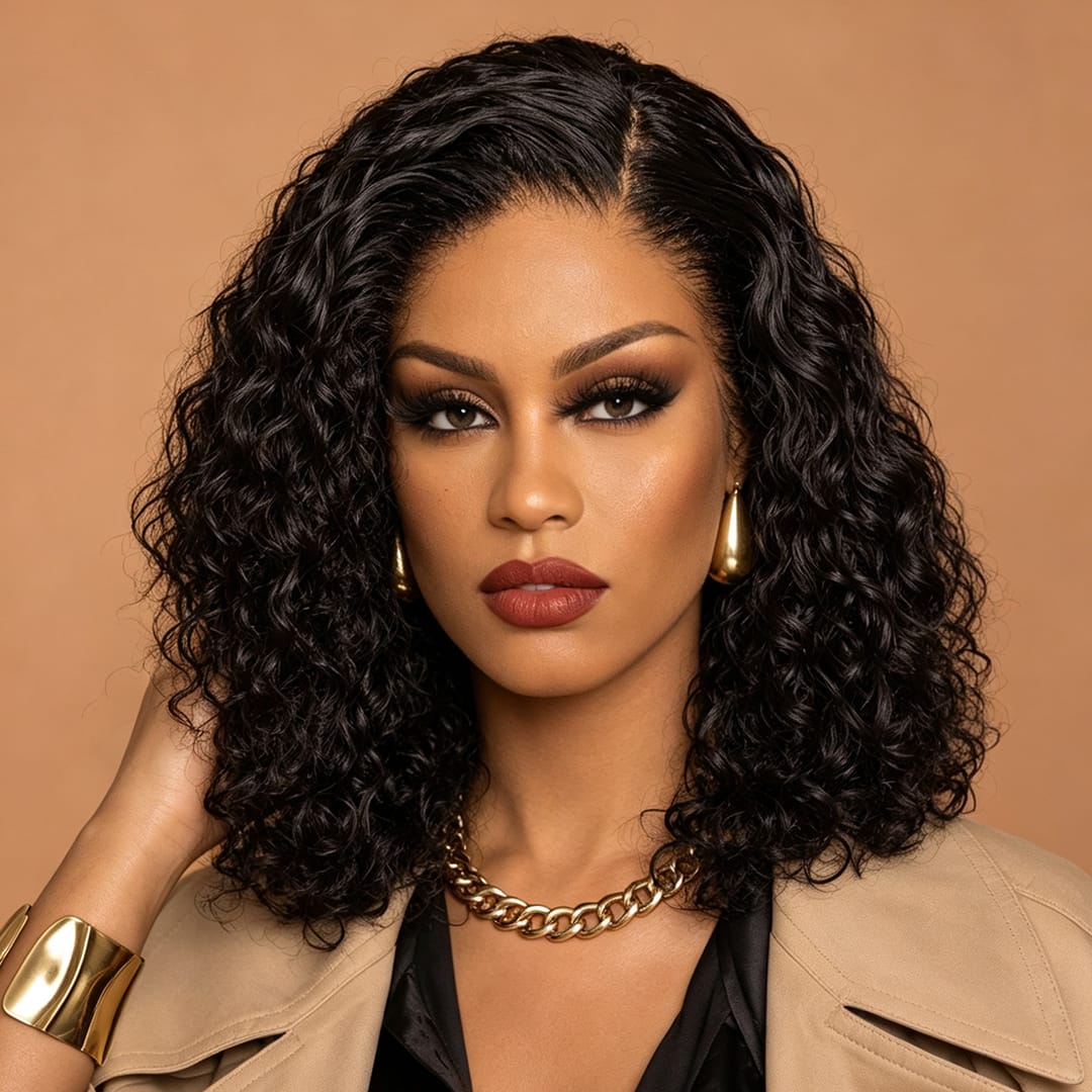 AILUXY Perruque Sans Colle 4x4 Lace Closure Perruque BOB Deep Wavy 200% densité 100% Cheveux humains