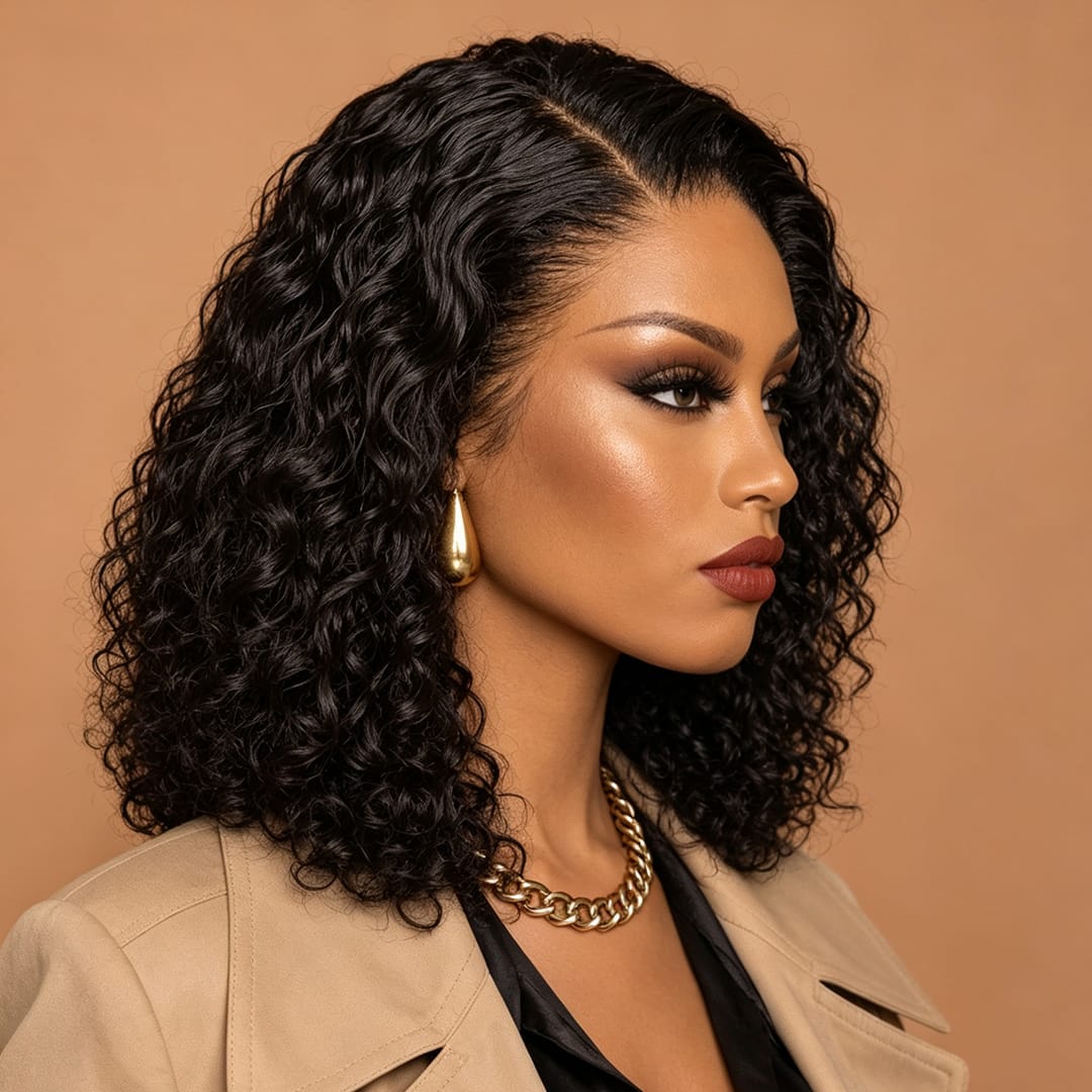 AILUXY Perruque Sans Colle 4x4 Lace Closure Perruque BOB Deep Wavy 200% densité 100% Cheveux humains