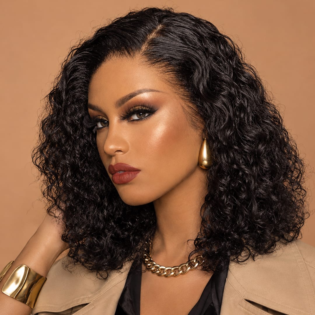 AILUXY Perruque Sans Colle 4x4 Lace Closure Perruque BOB Deep Wavy 200% densité 100% Cheveux humains