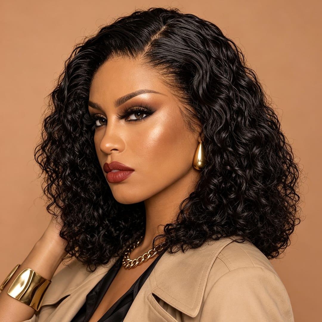 AILUXY Perruque Sans Colle 4x4 Lace Closure Perruque BOB Deep Wavy 200% densité 100% Cheveux humains