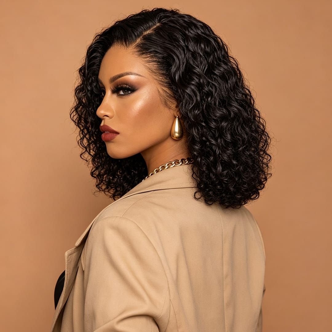 AILUXY Perruque Sans Colle 4x4 Lace Closure Perruque BOB Deep Wavy 200% densité 100% Cheveux humains