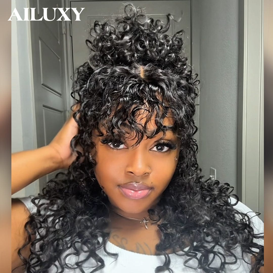 AILUXY Perruque Tressée Curly 4x4 Lace Frontal - 100% Cheveux Humains