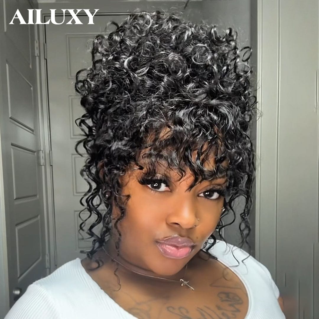 AILUXY Perruque Tressée Curly 4x4 Lace Frontal - 100% Cheveux Humains