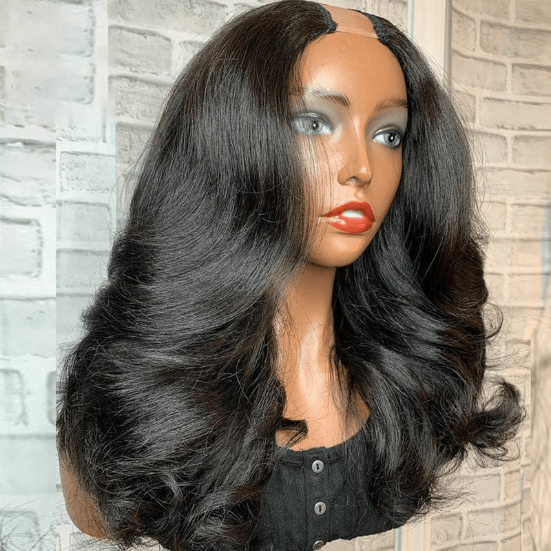 AILUXY U Part Lace perruque Body Wave Noir Longue Perruque 100% Cheveux Humainsce perruque Body Wave Noir Longue Perruque 100% Cheveux Humains