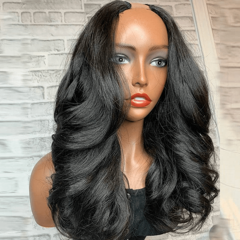 AILUXY U Part Lace perruque Body Wave Noir Longue Perruque 100% Cheveux Humainsce perruque Body Wave Noir Longue Perruque 100% Cheveux Humains