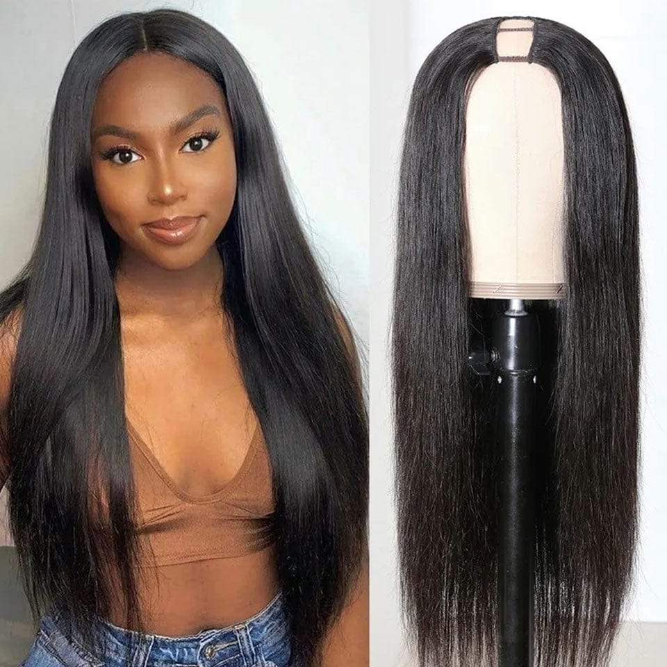 AILUXY U Part Lace Perruque Lisse Longue Noir Perruque 100% Cheveux Humains
