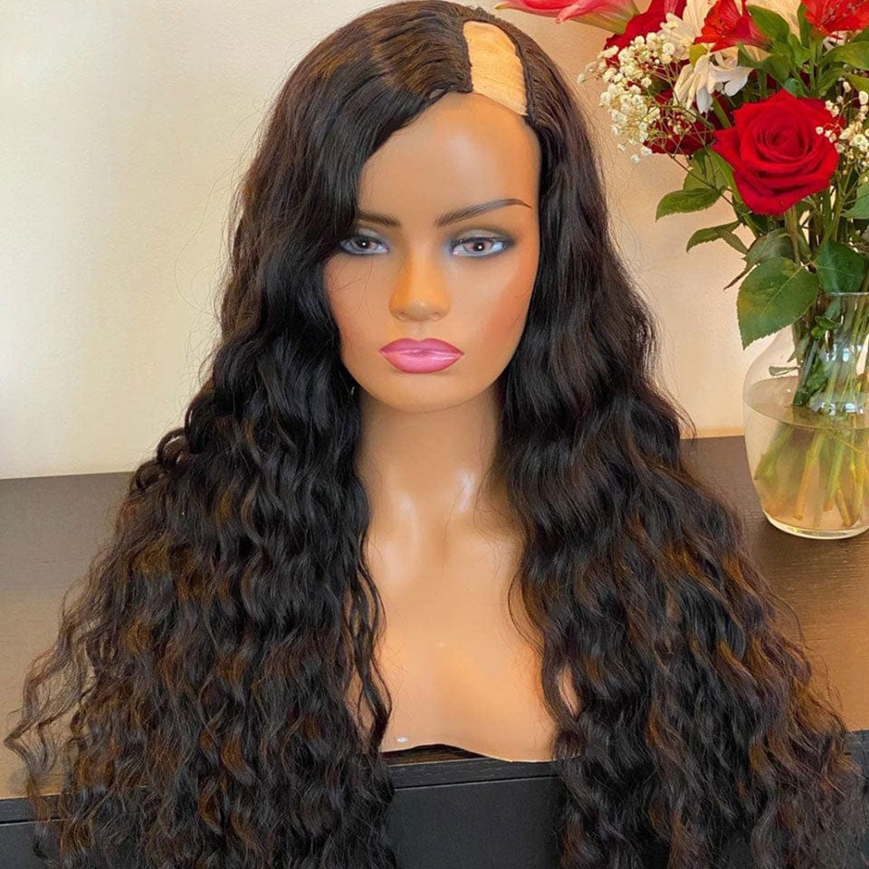 AILUXY U Part Lace Perruque Water Wave Longue Noir Perruque 100% Cheveux Humains