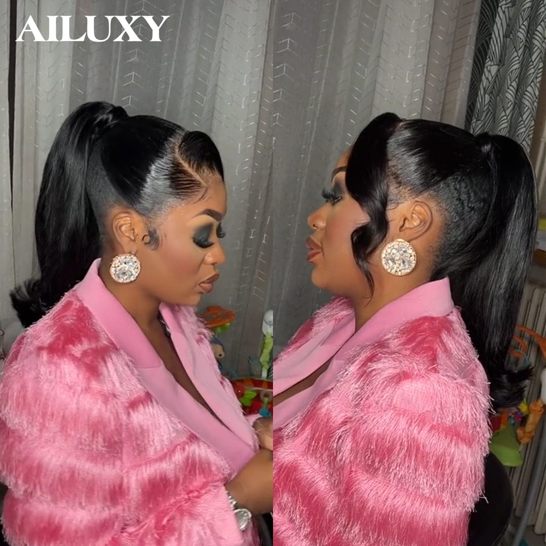 AILUXY Perruque Lace Front Queue de Cheval Haute - Lisse, Glamour et Réglable，Coiffure Relevée