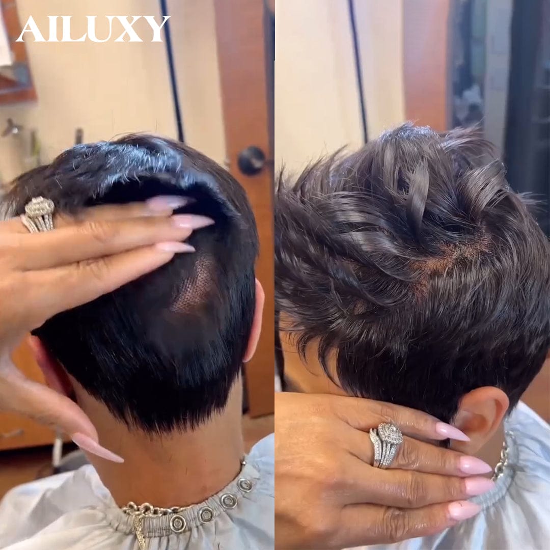 AILUXY Perruque full lace Pixie Couleur Naturelle 100% Cheveux Humains Naturels, Conforme à la photo