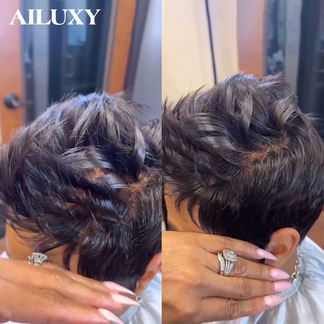 AILUXY Perruque full lace Pixie Couleur Naturelle 100% Cheveux Humains Naturels, Conforme à la photo
