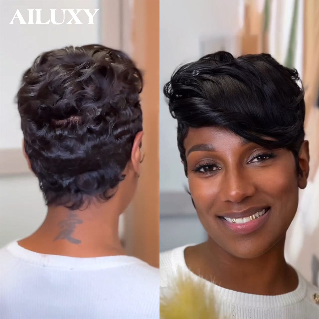 AILUXY Perruque full lace Pixie Couleur Naturelle 100% Cheveux Humains Naturels, Identique à l'image