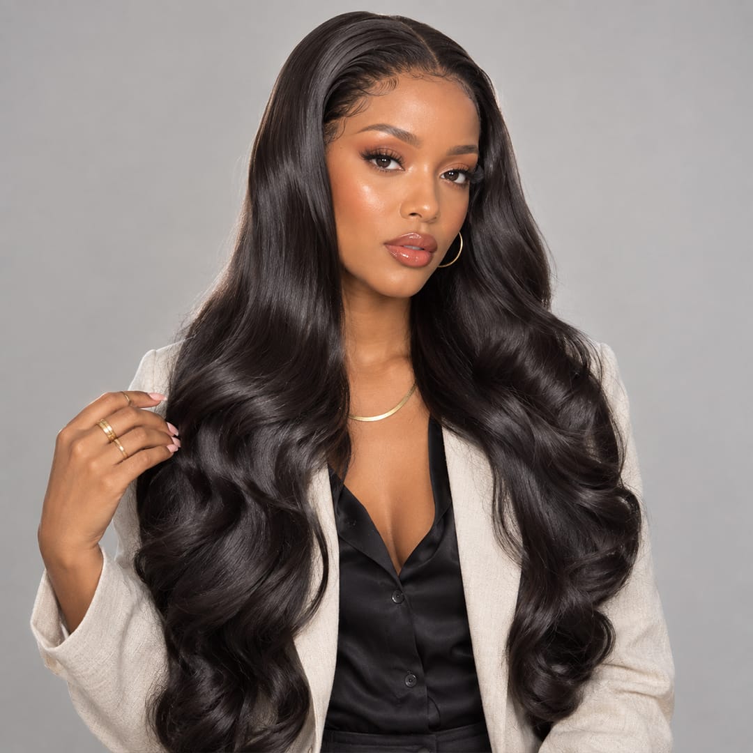 AILUXY 13x4 Lace Body Wave Longue Noir Perruque Perruque Élégante Densité Moyenne