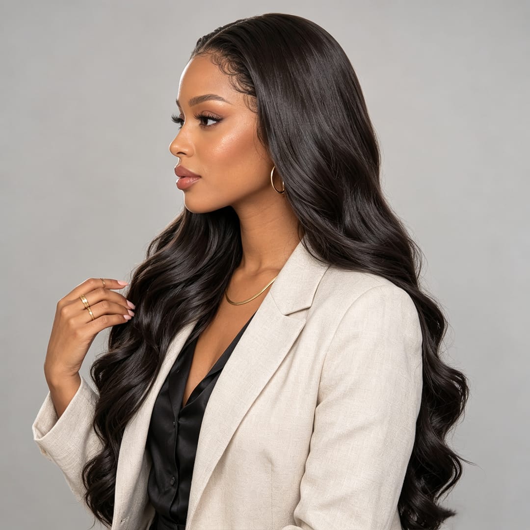 AILUXY 13x4 Lace Body Wave Longue Noir Perruque Perruque Élégante Densité Moyenne