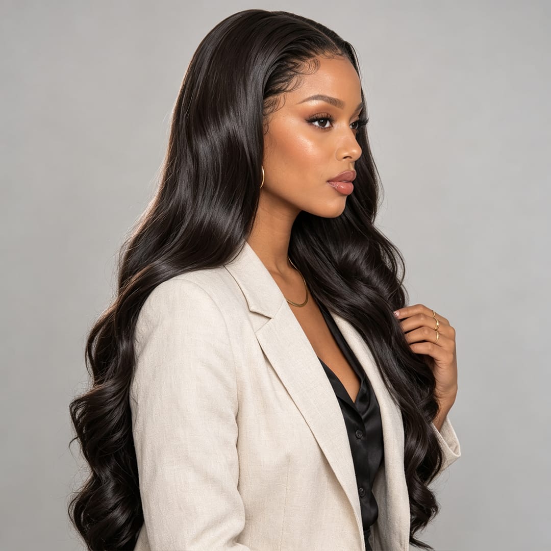 AILUXY 13x4 Lace Body Wave Longue Noir Perruque Perruque Élégante Densité Moyenne