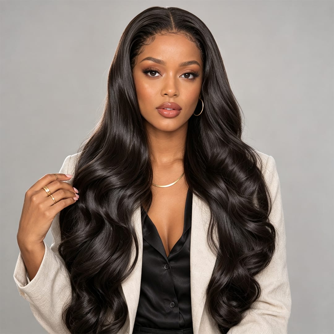 AILUXY 13x4 Lace Body Wave Longue Noir Perruque Perruque Élégante Densité Moyenne