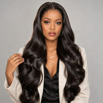 AILUXY 13x4 Lace Body Wave Longue Noir Perruque Perruque Élégante Densité Moyenne