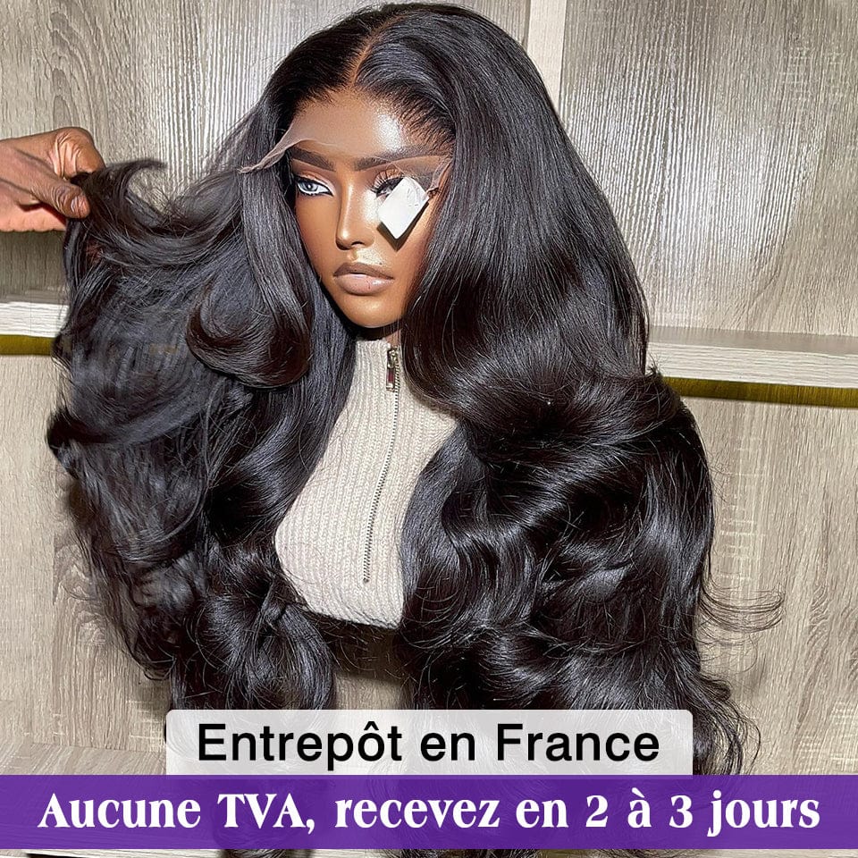 AILUXY Perruque de luxe 4X4 body wave faite de cheveux doublement tirés avec raie naturelle au milieu