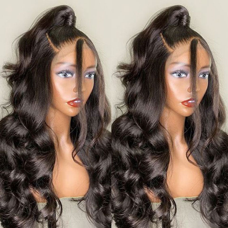 AILUXY Perruque de luxe 4X4 body wave faite de cheveux doublement tirés avec raie naturelle au milieu
