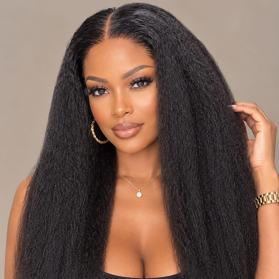 AILUXY Perruque Longue Kinky 4x4 Lace Closure Couleur Naturelle