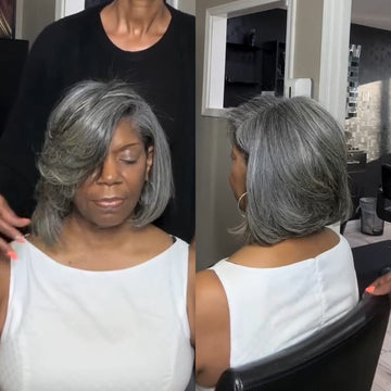 AILUXY Coiffure bob perruque lace 13x4 gris avec frange latérale très réaliste