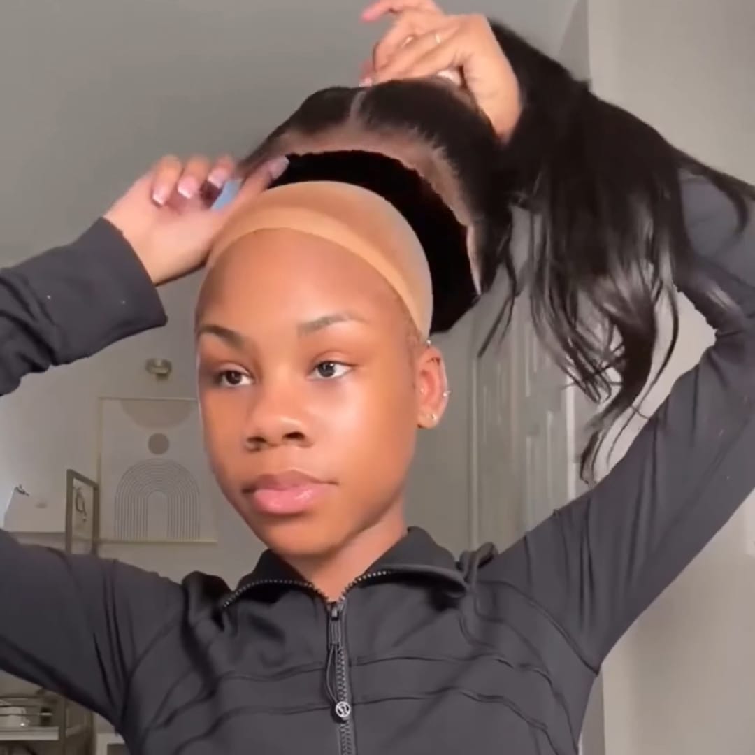 AILUXY  Perruque lace cheveux humains queue‑de‑cheval haute, bébé hair naturel, look lisse brillant