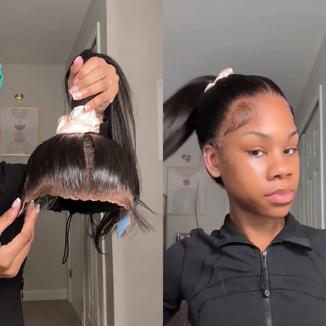 AILUXY  Perruque lace cheveux humains queue‑de‑cheval haute, bébé hair naturel, look lisse brillant
