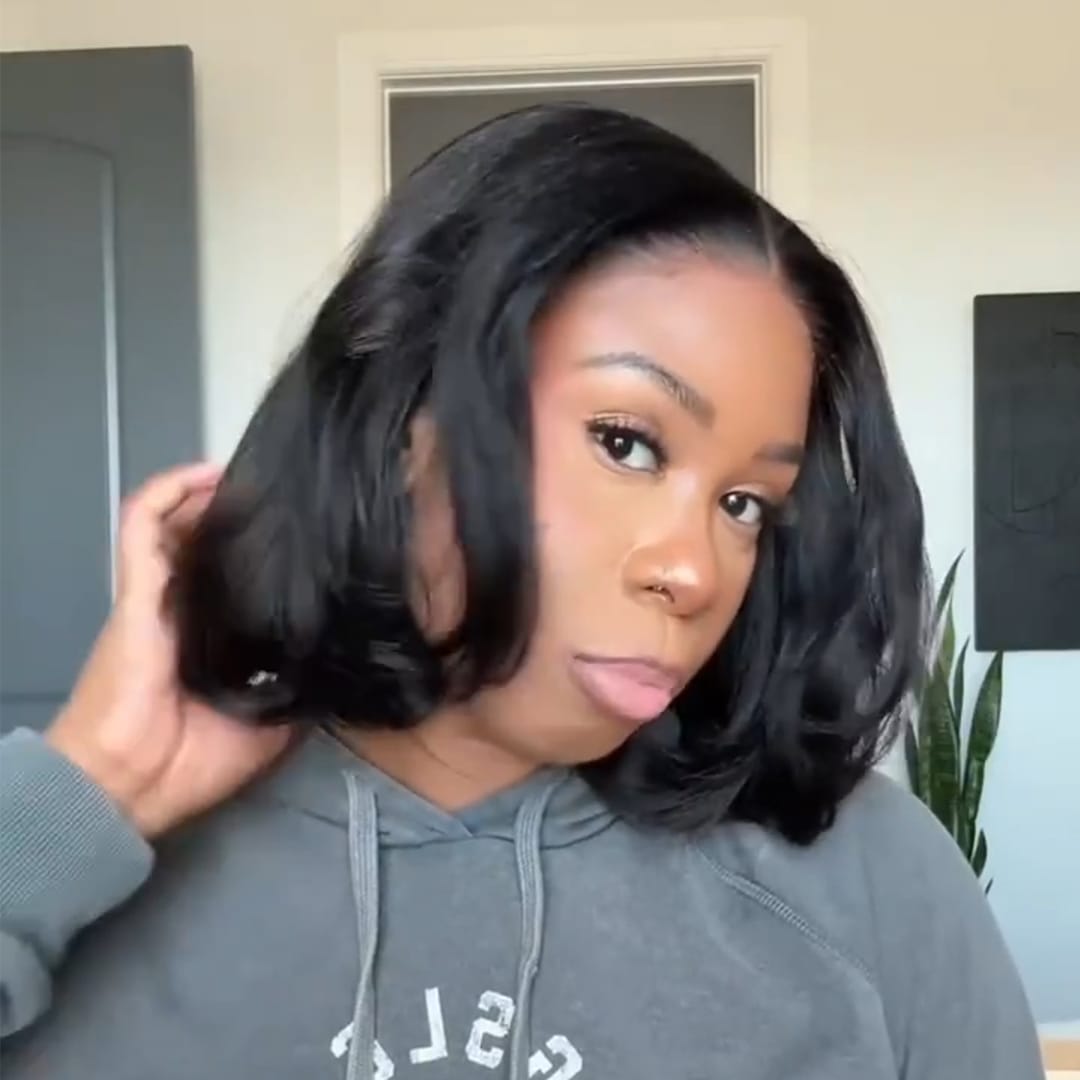 AILUXY Perruque Bob Mi-longue Noire 13X4 Lace Front Pré-définie Cheveux Humains Lissage