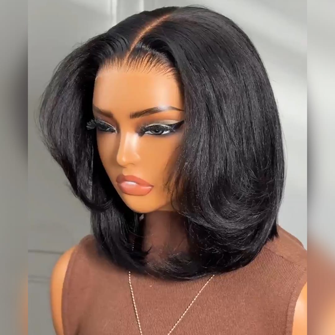 AILUXY Perruque Bob Mi-longue Noire 13X4 Lace Front Pré-définie Cheveux Humains Lissage