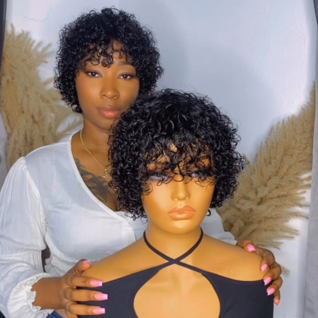 AILUXY Perruque Courte Boucles Kinky Noire, Volume Naturel Parfait