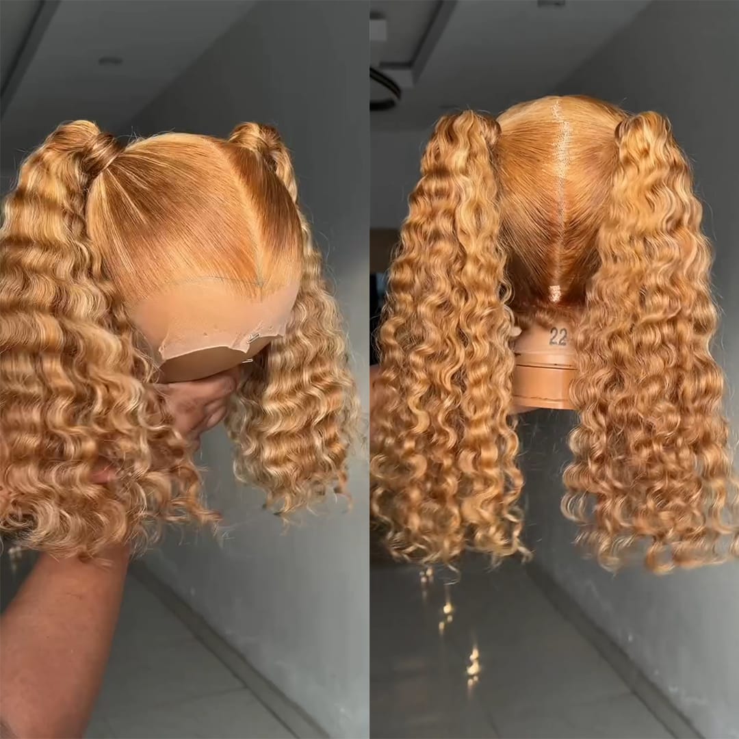 AILUXY Perruque  Haute Double Ponytail  Bouclés Miel Doré  Avec Full Lace Style Mignon Et Espiègle, Perruques 100% Cheveux Humains