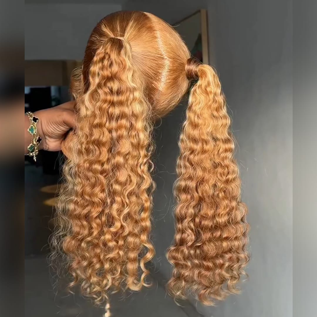 AILUXY Perruque  Haute Double Ponytail  Bouclés Miel Doré  Avec Full Lace Style Mignon Et Espiègle, Perruques 100% Cheveux Humains
