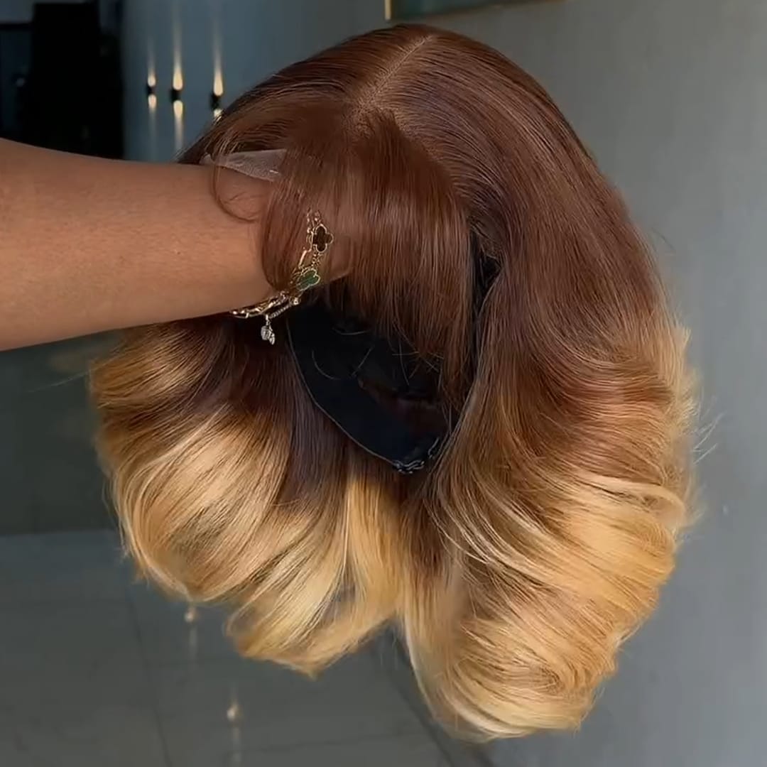 AILUXY Perruque Lace Front 13x4 Cheveux Humains Naturels, Ondulé Volumineux avec Frange, Cheveux Ombré Châtain Blond pour Femmes Noires