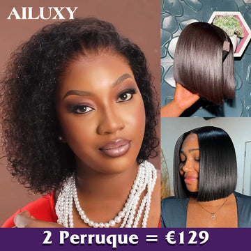 AILUXY 2 Perruques=€129 2x6 Lace Closure Perruque Lisse Bob perruque et 13x4 Lace Frontal Perruque en 100% Cheveux Humains