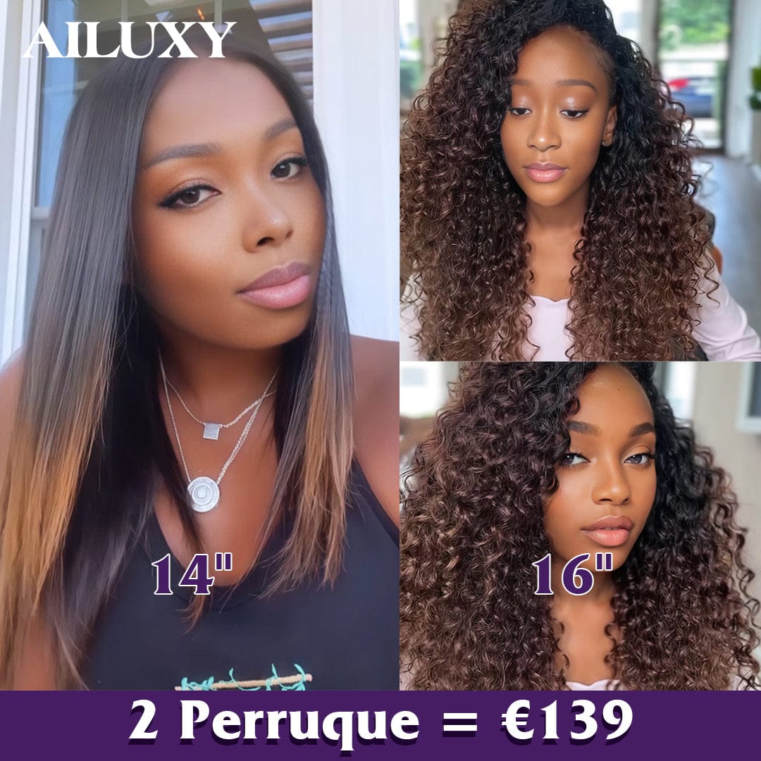 AILUXY 2 Perruques=€139 4x4 lace lisse perruque et 13x4 Lace Frontal 1bt4 curly Perruque en 100% Cheveux Humains