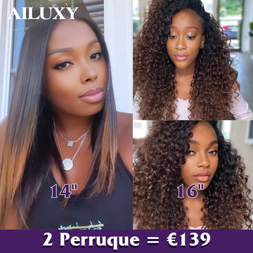 AILUXY 2 Perruques=€139 4x4 lace lisse perruque et 13x4 Lace Frontal 1bt4 curly Perruque en 100% Cheveux Humains