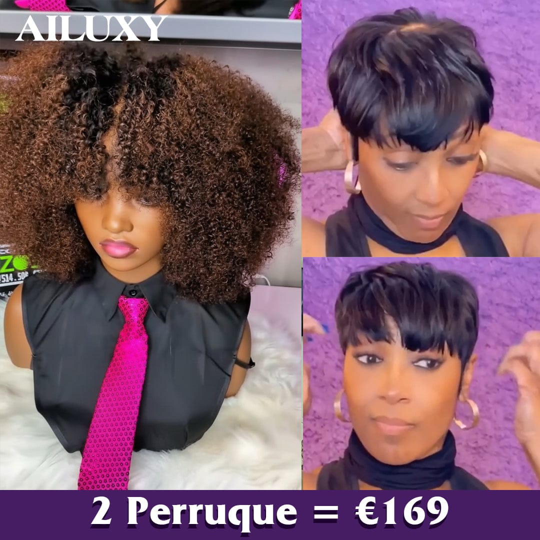 AILUXY 2 Perruques=€169 Perruque afro Curly 300%dedensite 2x6 lace et Pixie Postiche Dentelle 3x3 en 100% Cheveux Humains