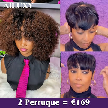 AILUXY 2 Perruques=€169 Perruque afro Curly 300%dedensite 2x6 lace et Pixie Postiche Dentelle 3x3 en 100% Cheveux Humains