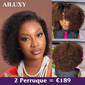 AILUXY 2 Perruques=€189 afro Curly 300%dedensite 2x6 lace et 13x4 Lace Frontal Perruque en 100% Cheveux Humains