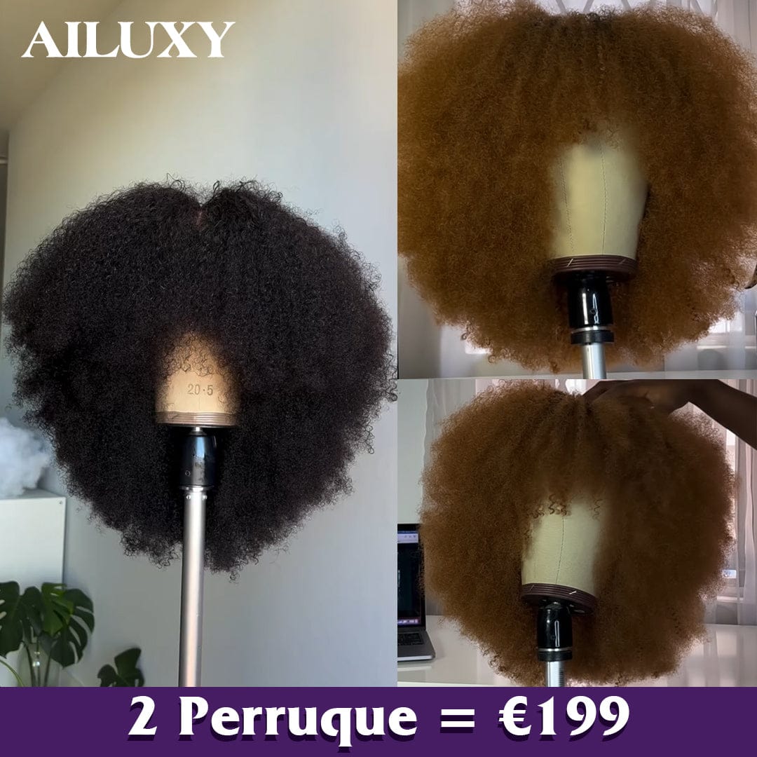 AILUXY 2 Perruques=€199 Perruque Bob Afro Curly Sans Colle Frange - Couleur Miel Blond & Style Naturel