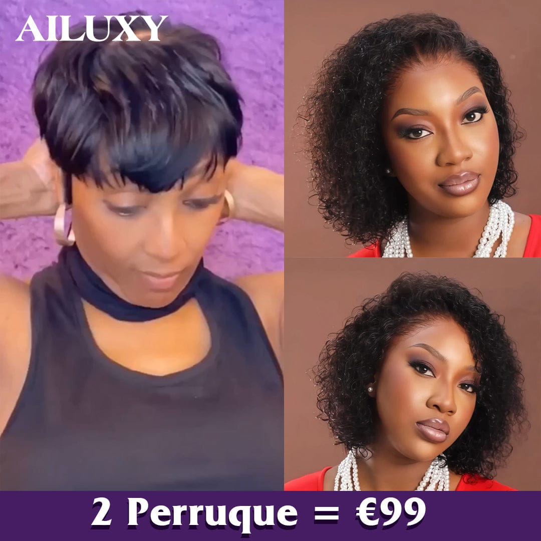 AILUXY 2 Perruques=€99 Pixie Perruque Postiche Dentelle 3x3 et 13x4 Lace Frontal Promotion en 100% Cheveux Humains