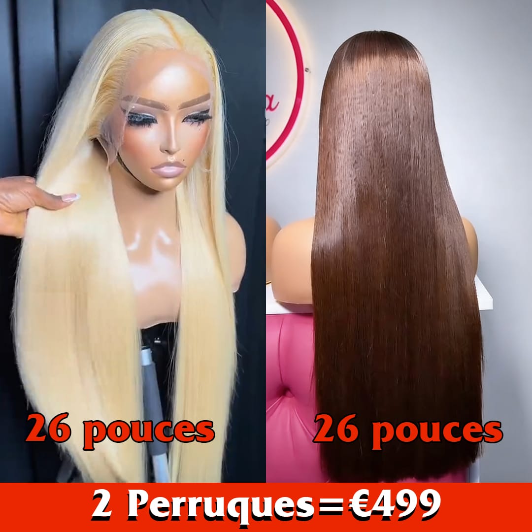 AILUXY – Lot de 2 perruques à 499 € :  Perruque Lisse  26 pouces marron châtaigne+ Perruque Lisse 26 pouces #613 blanc argenté – Brillance et douceur soyeuse