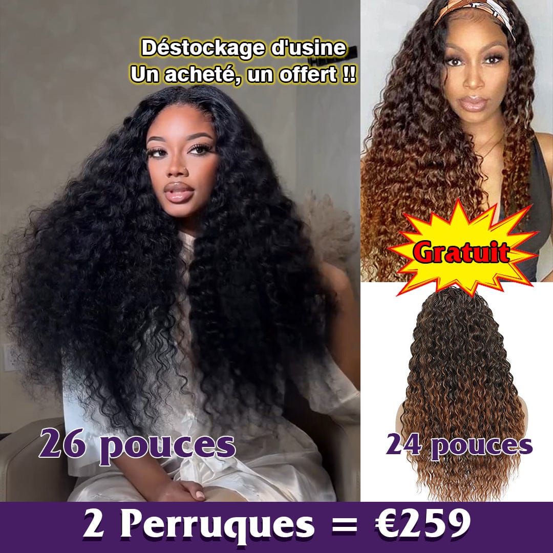 AILUXY 2 Perruques Combo = 259 € : Perruque noir curly 26 pouces+ Perruque bandeau 1BT33# Curly 24 pouces blended Cadeau-Identique à la photo